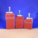60001RED-HORSE-SIL-CERAMIC CANISTER SET RED W/ HORSE SILVER LIDS